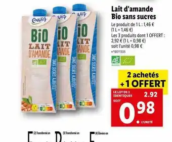 Lidl Lait d'amande bio sans sucres envia offre