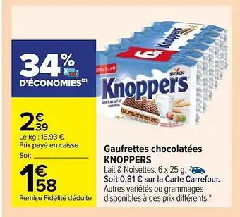 Carrefour Gaufrettes chocolatées knoppers offre
