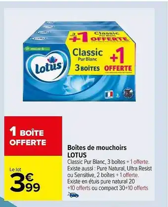 Carrefour Boîtes de mouchoirs lotus offre