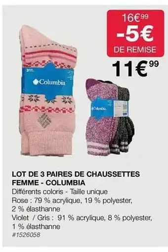 Costco Lot de 3 paires de chaussettes femme - columbia offre