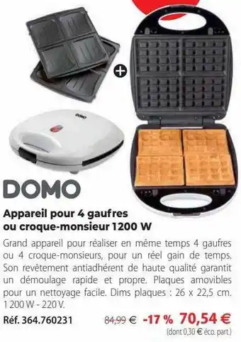 Mathon Appareil pour 4 gaufres ou croque-monsieur 1200 w domo offre