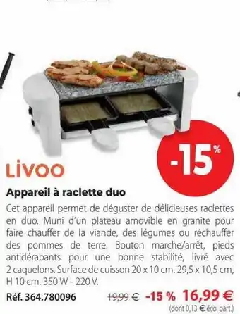 Mathon Appareil à raclette duo livoo offre