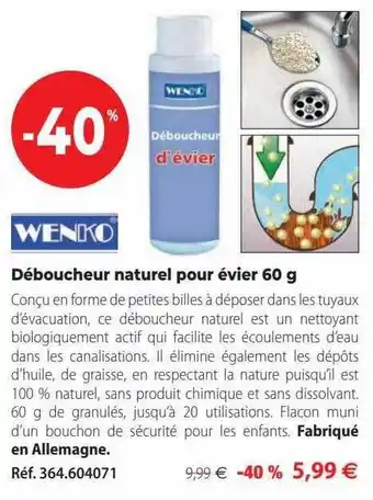Mathon Déboucheur naturel pour évier 60 g wenko offre
