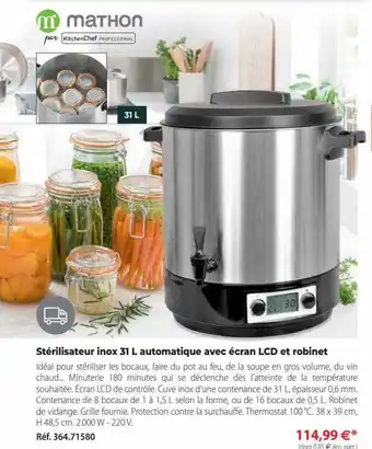 Mathon Stérilisateur inox 31l automatique avec écran lcd et robinet mathon offre