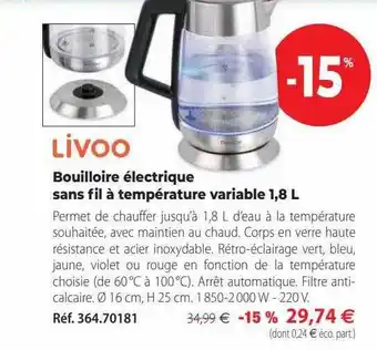 Mathon Bouilloire électrique sans fil à température variable 1,8l livoo offre