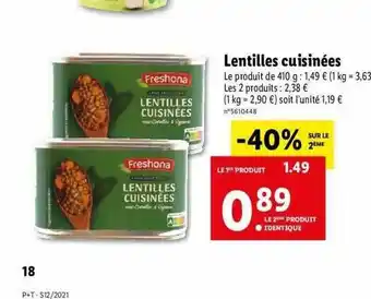 Lidl Lentilles Cuisinées Freshona offre