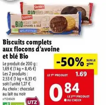 Lidl Biscuits Complets Aux Flocons D'avoine Et Blé Bio Sondey offre