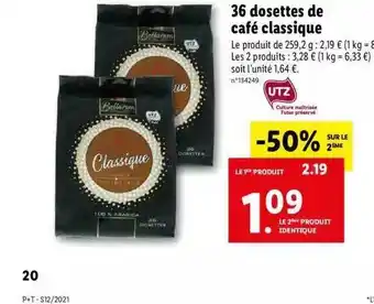 Lidl 36 Dosettes De Café Classique offre