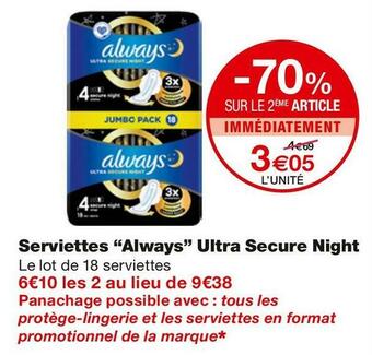 Monoprix Serviettes Ultra Secure Night offre