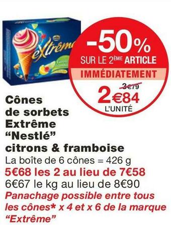 Monoprix Cônes de sorbets Extrême citrons & framboise offre