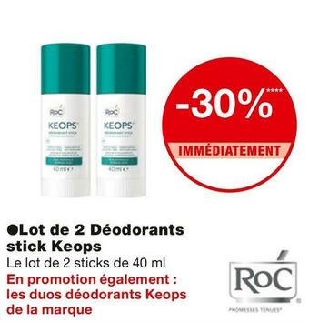 Monoprix BON PLAN SUR LE LOT DE 2 DÉODORANTS STICK KEOPS DE LA MARQUE ROC offre