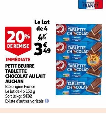 Auchan Petit beurre tablette chocolat au lait auchan offre