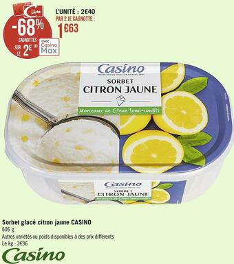 Casino Supermarchés Sorbet glacé citron jaune offre