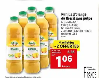 Lidl Pur Jus D'orange Du Brésil Sans Pulpe Solevita offre
