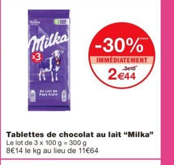 Monoprix Tablettes de Chocolat Au Lait Milka offre