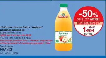 Monoprix 100% Pur Jus de Fruits Andros Pommes Pressées offre