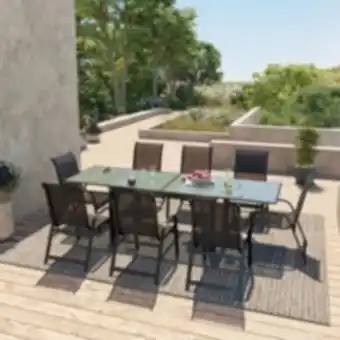 E.Leclerc Brico Table de jardin extensible aluminium 140/280cm + 8 fauteuils empilables textilène noir - faro offre