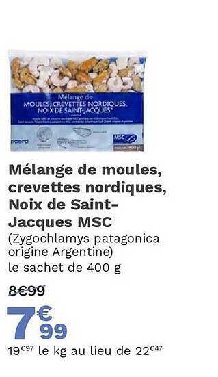 Picard Mélange de moules, crevettes nordiques, noix de saint-jacques msc offre