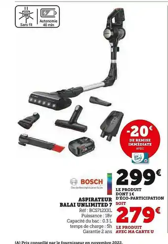 Super U Aspirateur balai unlimited 7 bosch offre