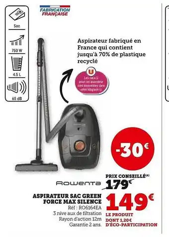 Super U Aspirateur sac green force max silence rowenta offre