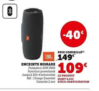 Super U Enceinte nomade jbl offre