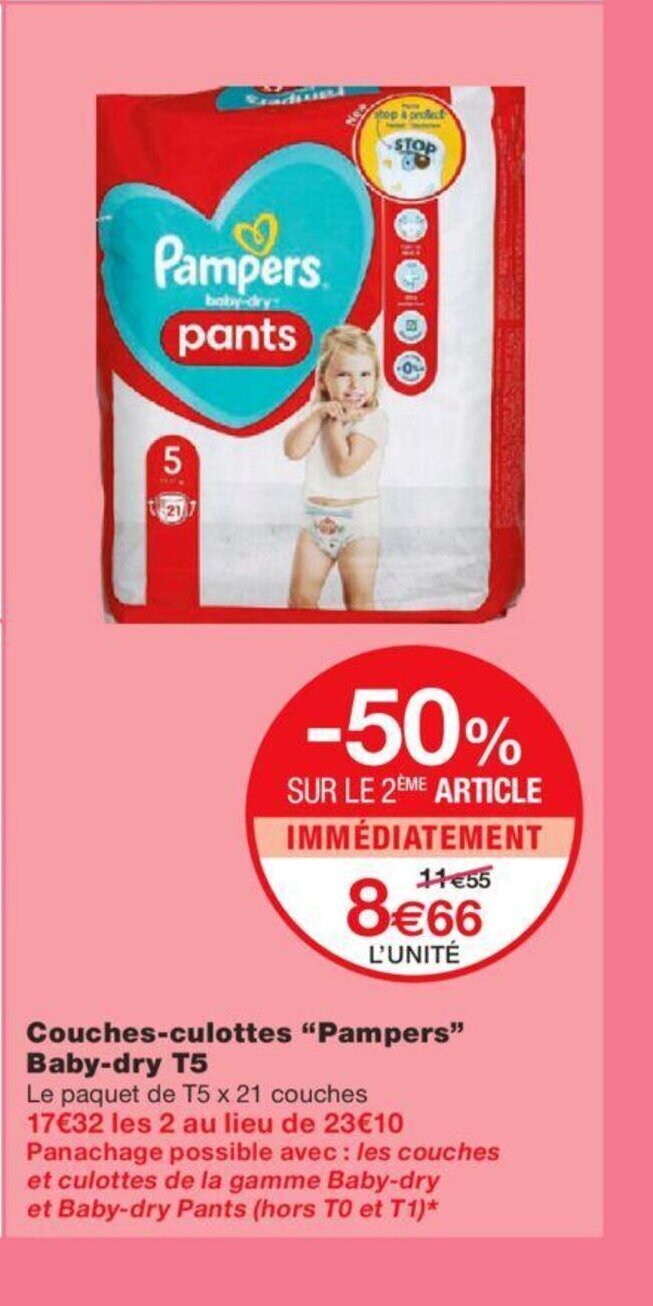 Promo Couches Culottes Pampers BabyDry T5 chez Monoprix