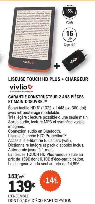E.Leclerc Liseuse touch hd plus + chargeur vivlio offre