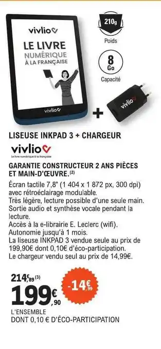 E.Leclerc Liseuse inkpad 3 + chargeur vivlio offre
