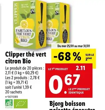 Lidl Clipper The Vert CITRON Bio offre