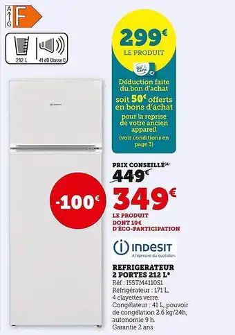 Hyper U Réfrigérateur 2 portes 212 l indesit offre