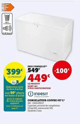 Hyper U Congélateur coffre 437 l indesit offre