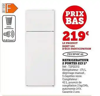 Hyper U Réfrigérateur 2 portes 213 l technical offre