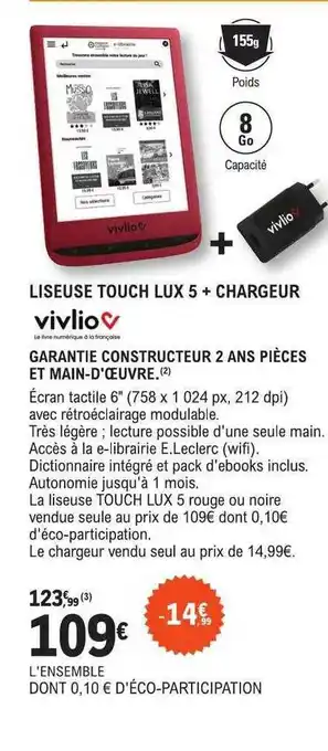 Liseuse touch lux 5 + chargeur vivlio