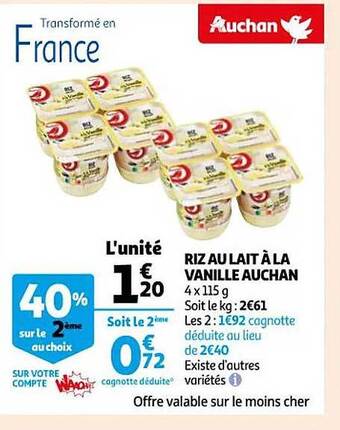 Auchan Riz au lait à la vanille auchan offre