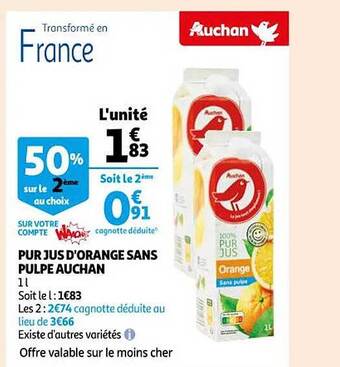 Auchan Pur jus d'orange sans pulpe auchan offre