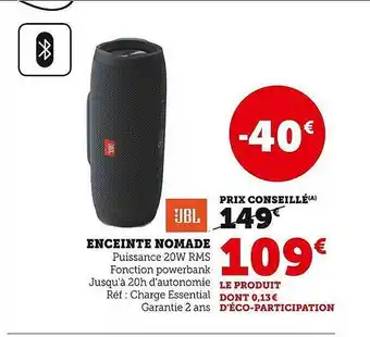 Hyper U Enceinte nomade jbl offre