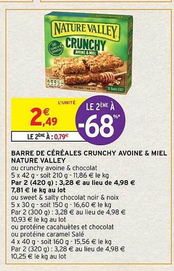 Intermarché Barre de céréales crunchy avoine & miel nature valley offre