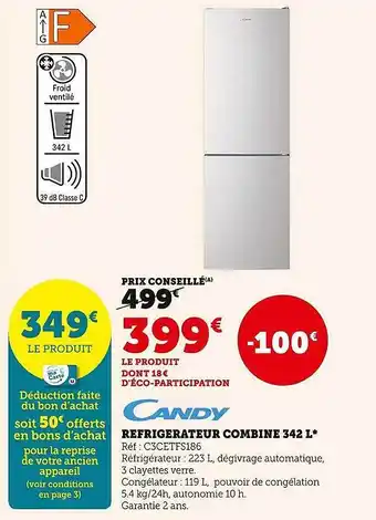 Hyper U Réfrigérateur combiné 342 l candy offre