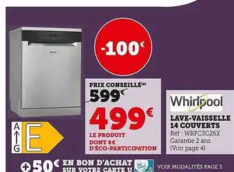 Hyper U Lave-vaisselle 14 couverts whirlpool offre