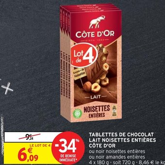 Intermarché Tablettes de Chocolat Lait Noisettes Entières Côte D'Or offre