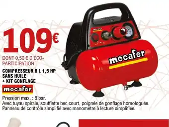 E.Leclerc Brico Compresseur 6L 1,5Hp Sans Huile +Kit Gonflage offre