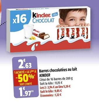 Coccinelle Supermarché Barres chocolatées au lait kinder offre