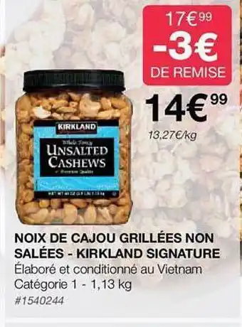 Costco Noix de cajou grillées non salées - kirkland signature offre