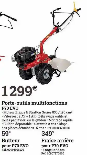 Espace emeraude Porte-outils multifonctions p70 evo butteur pour p70 evo fraise arrière pour p70 evo offre