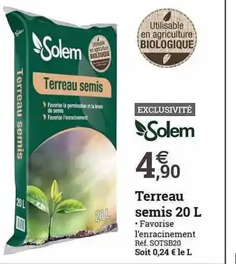 Espace emeraude Terreau semis 20l solem offre