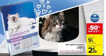 Carrefour Litière Agglomérante Blanche Compact + Carrefour offre