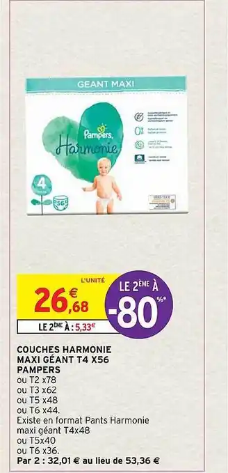 Intermarché Hyper Couches harmonie maxi géant t4 x56 pampers offre