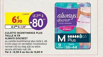 Intermarché Hyper Culotte incontinence plus taille m x9 always discreet offre