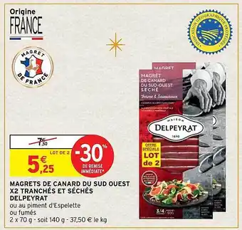 Intermarché Hyper Magrets de canard du sud ouest x2 tranchés et séchés delpeyrat offre