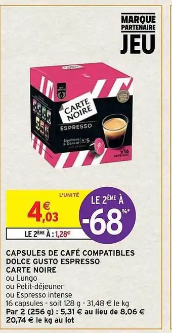 Capsules de café compatibles dolce gusto espresso carte noire